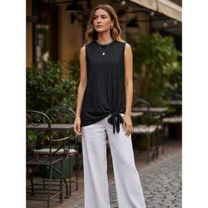 Elie Tahari Sleeveless Pinstripe Mock Neck Tie Front Top - Size XS Black/White